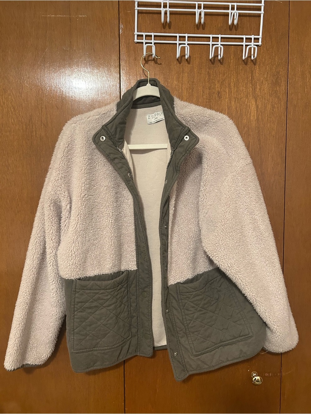 Z Supply Two-Tone Teddy Jacket in Light Pink and Olive